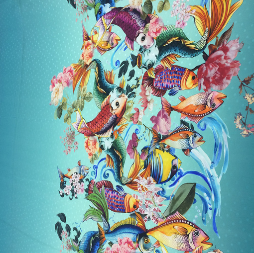 Шелк жаккардовый принт  Stella Jean рыбы на бирюзовом фоне поперечный купон