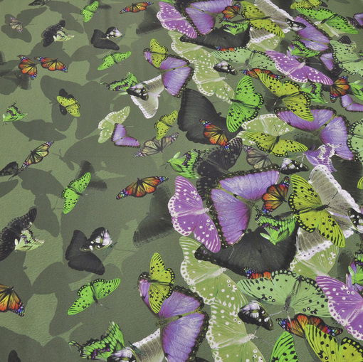 Атласный стрейчевый шелк с бабочками в зелено-фиолетовых тонах
