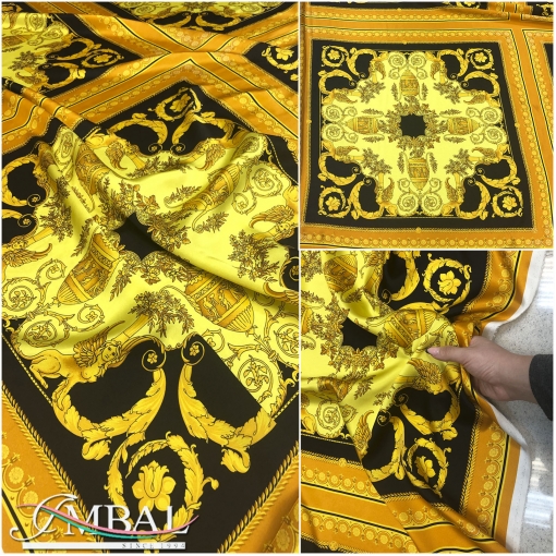 Шелк матово-атласный платки 70х70 принт Vercsace барокко с грифонами на черном фоне