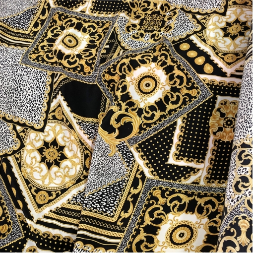 Шелк креповый принт Versace пэчворк: платки вензеля и леопард