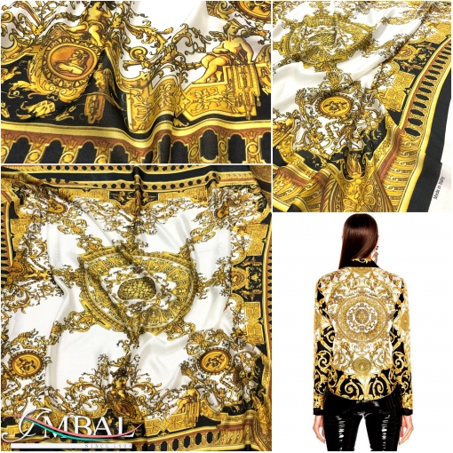 Шёлк шантунг принт Versace большой платок с вензелями золото на черно-белом