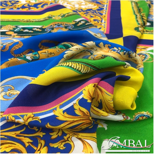 Шелк креповый стрейч дизайн Versace разноцветные платки в желто-синих тонах