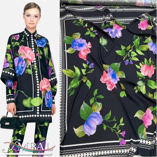 Шелк матовый стрейч дизайн D&G платок 135 х 135 см цветы на черном фоне