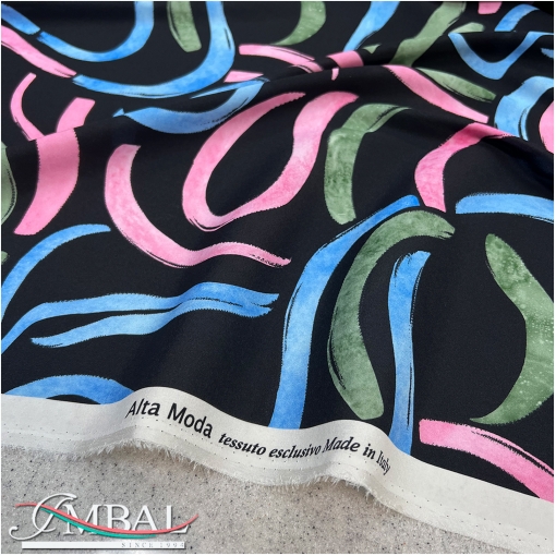 Шелк матовый стрейч дизайн Armani разноцветные мазки на черном фоне