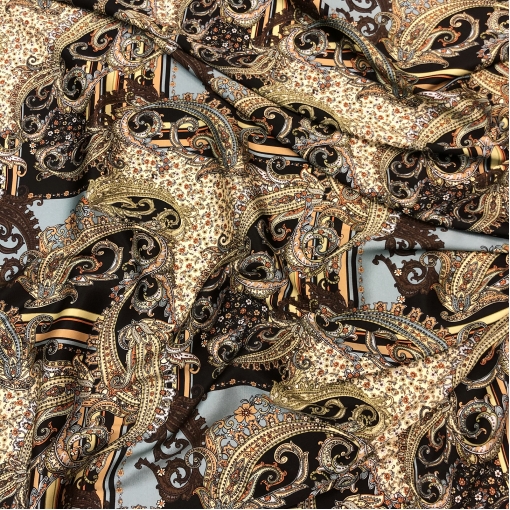 Шелк матово-атласный стрейч принт ETRO огурцы в черно-оливково-голубых тонах