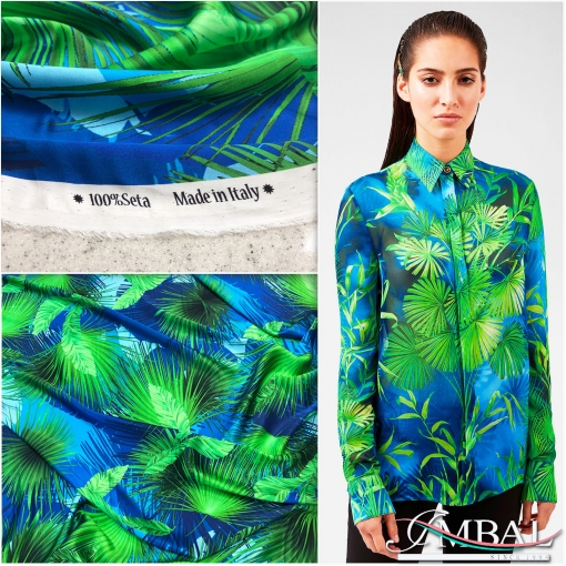 Шёлк атласный принт Versace пальмовые ветви в сине-зелёных тонах