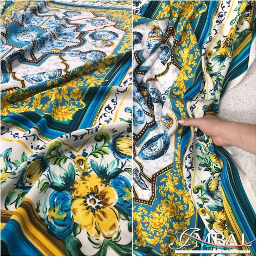 Шелковый креповый платок 140х140 см дизайн  "фарфор" в желто-синей гамме