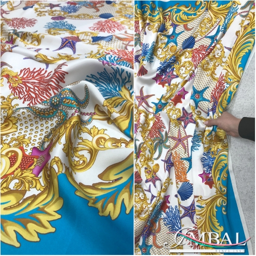 Шелковый атласный платок 140х140 см дизайн Versace кораллы и морские звезды