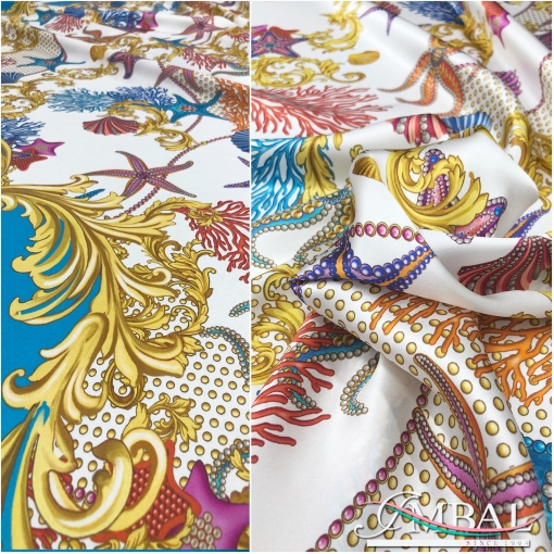 Шелковый атласный платок 140х140 см дизайн Versace кораллы и морские звезды