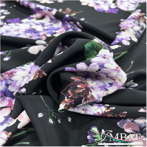 Шелк креповый принт DG сиренево-лиловые цветы на черном фоне