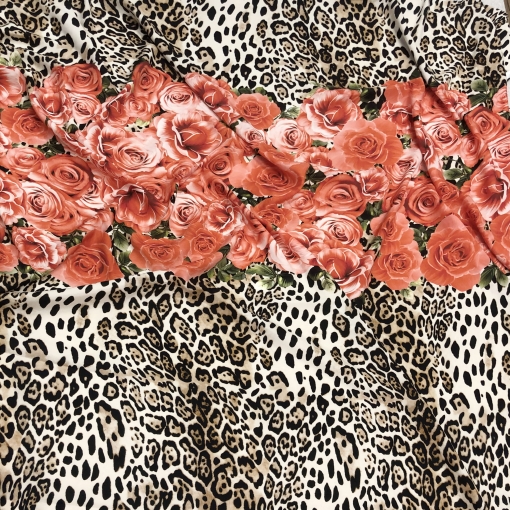 Шелк креповый матовый принт Blumarine купон коралловые розы и леопард
