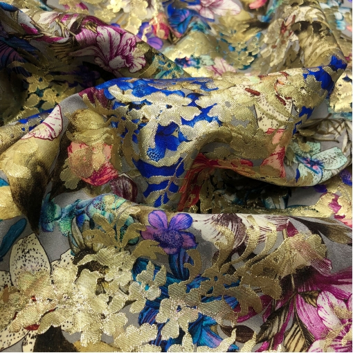 Жаккард шелковый принт Chanel с люрексом и синими листьями